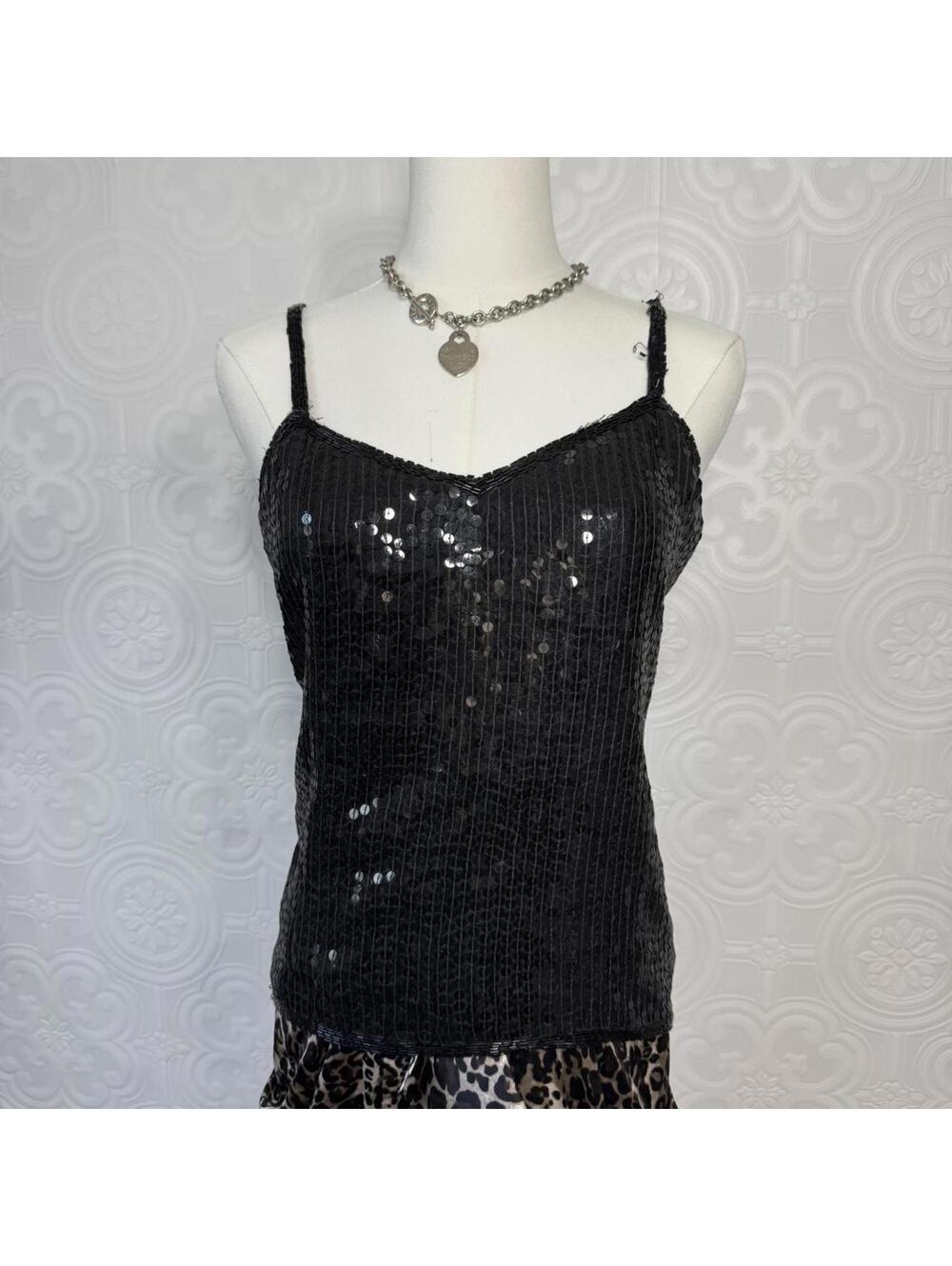 Vintage Black Silk Sequin Cami Top Fits Medium / Large Fairy Ibiza Party Blouse